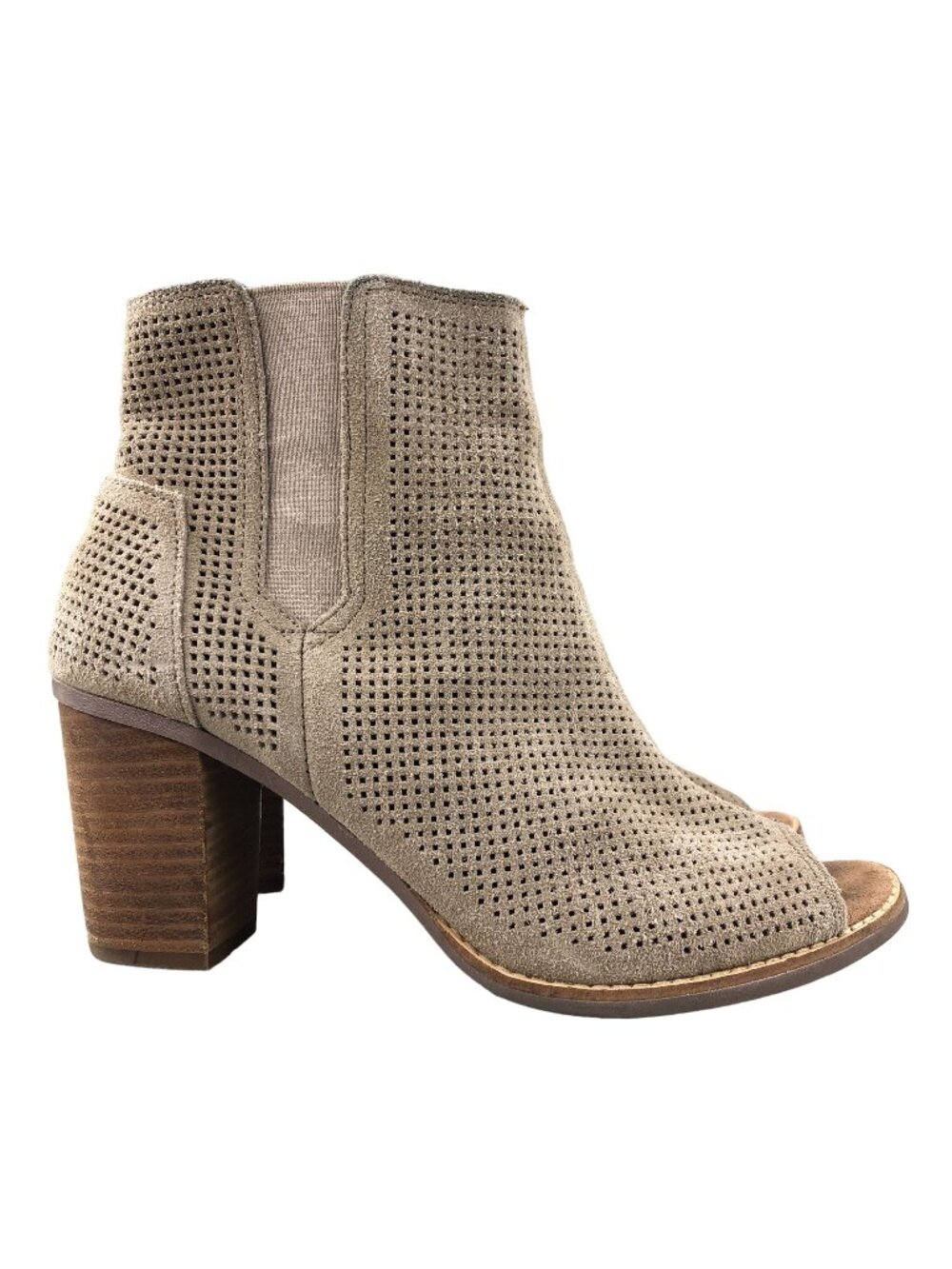 Toms Women's 9.5 Majorca Tan Suede Open Toe Perforated High Heel Ankle Booties